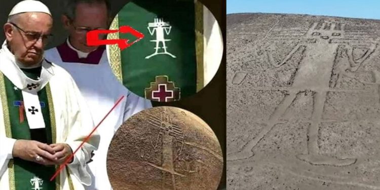 Why does the Pope have a symbol of an ALIEN on his cover ? This symbol is the Atacama Giant, a 3000-year-old and 86-meter-tall drawing found in Chile